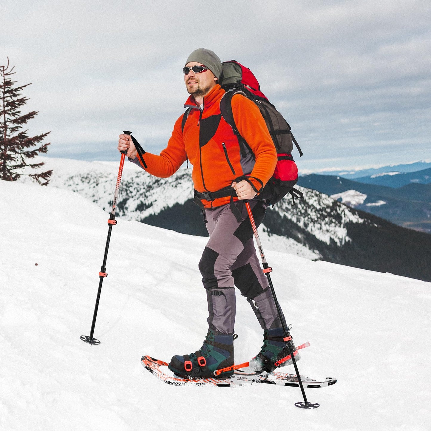 G2 21 Inches Light Weight Snowshoes for Women Men Youth, Set with Trekking Poles, Tote Bag, Gaiters,Special Fast Ratchet Binding(Red&White)