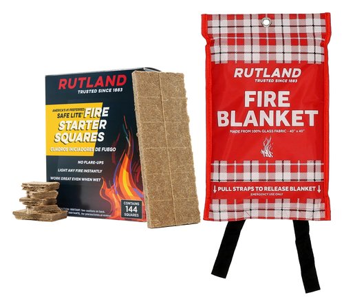 Rutland Safe Lite Fire Starter Squares & Fire Blanket Bundle, 144 Squares, 40" x 40" Fire Suppression Blanket for Grease & Kitchen Fire