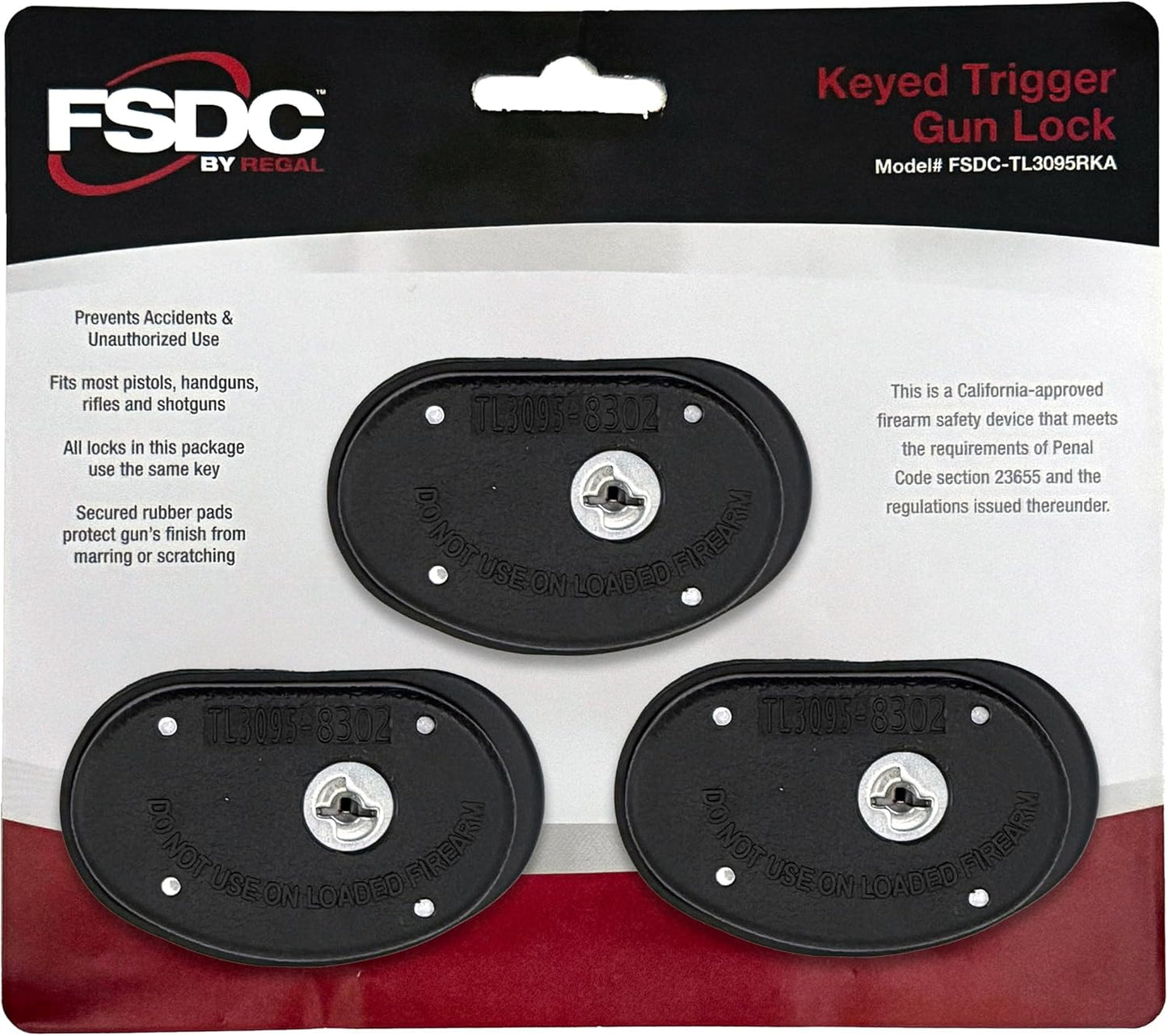 (Firearm Safety Devices) – FSDC-TL3095RKA California DOJ-Approved Keyed Alike Trigger Gun Lock 3-Pack with 6 Keys – Composite-Body Construction and Pick-Resistant Locks