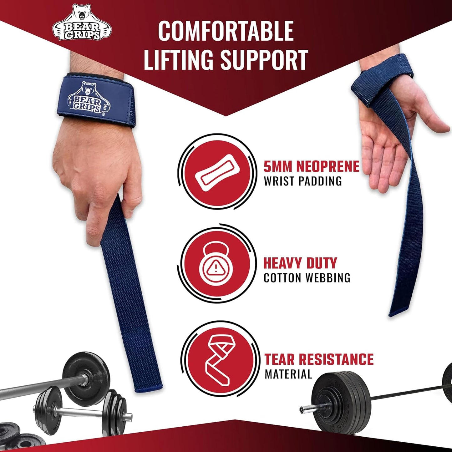 Bear Grips Lifting Straps - Gym & Weightlifting Straps for Men & Women, Deadlift Support, 2 Pairs
