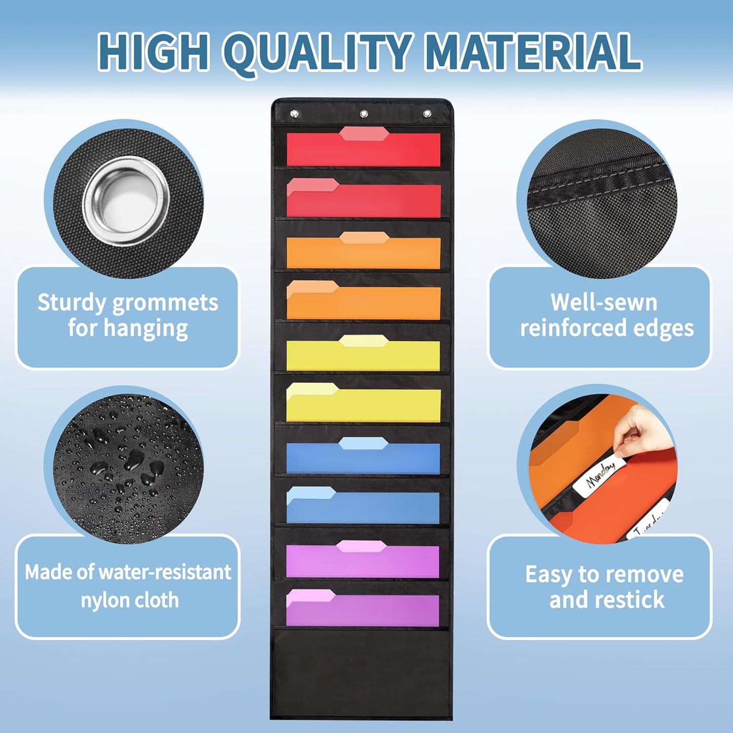 Annecy 10 Pockets Hanging Wall File Organizer, Black Storage Pocket Chart for File Folder and Paper, Space Saver for Office and Classroom, with Wall Hangers, Over The Door Hooks, Labels