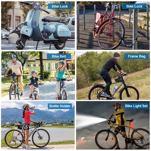 SODPE 6 Pack Bike Accessories Including Bicycle Light Front and Rear, Bike Frame Bag, Bicycle Chain Lock, Bikes Water Bottle Cage, Bicycles Bell for Adult Kids Road Mountain Bikes