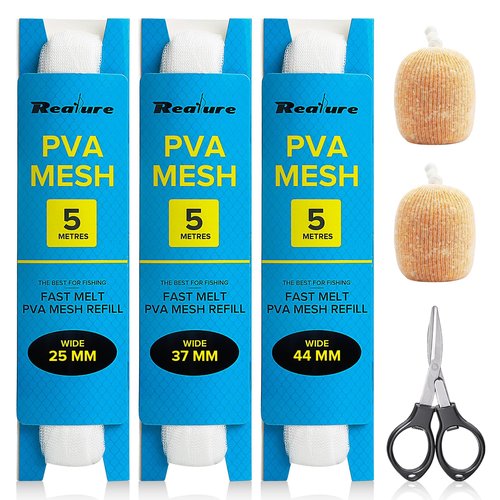 Realure 3 Pcs 5M Fishing PVA Mesh Refill 25/37/44mm Wide PVA Mesh Carp Fishing Accessories with Scissors, Fast Melt Water Soluble PVA Mesh Bag Fishing for Boilie, Bait, Precise Feeding (37mm)