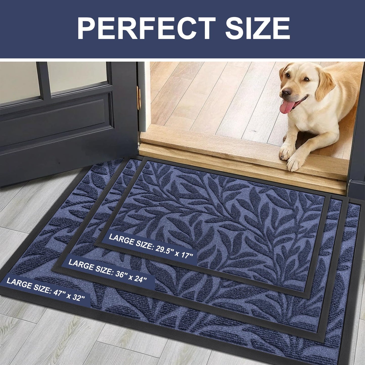 Smiry Front Door Mat Indoor Outdoor Entrance, Heavy Duty Natural Rubber, Trap Dirt and Moisture, Non-Slip Doormats, Low Profile, Easy Clean Patio Porch Entryway Mat, 35x23, Navy
