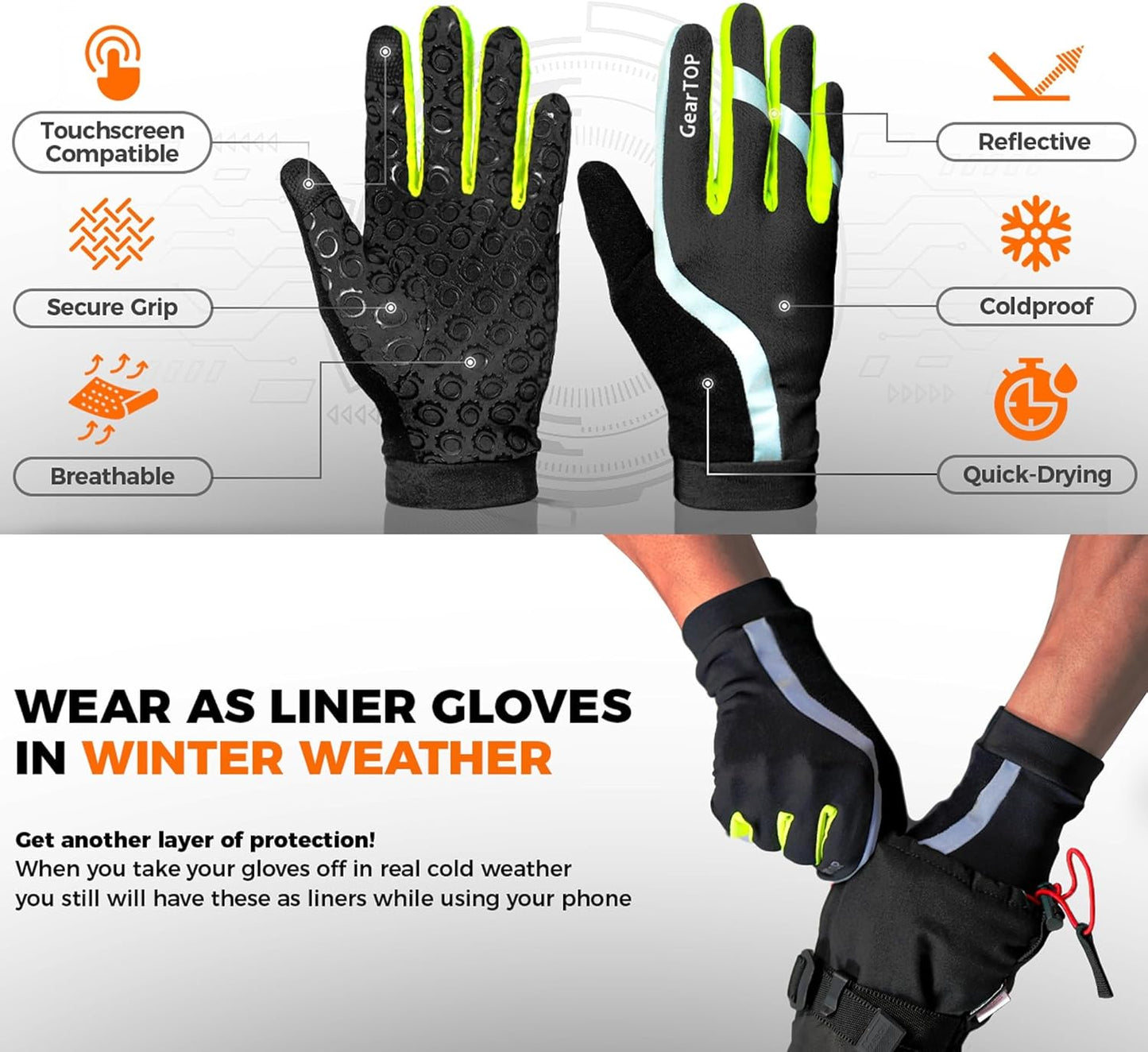 GearTOP Running Gloves for Men & Women, Touchscreen Cold Weather Jogging Gear, Fluorescent Reflective Winter Gloves Visible at Night, Warm Glove Liners for Hiking