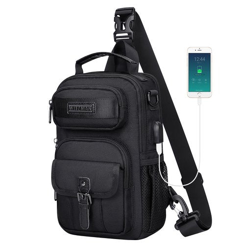 WITZMAN Sling Bag for Men Convertible Travel Sling Backpack USB Charging Port Lightweight Crossbody Bags Casual Daypack（B698 Black）