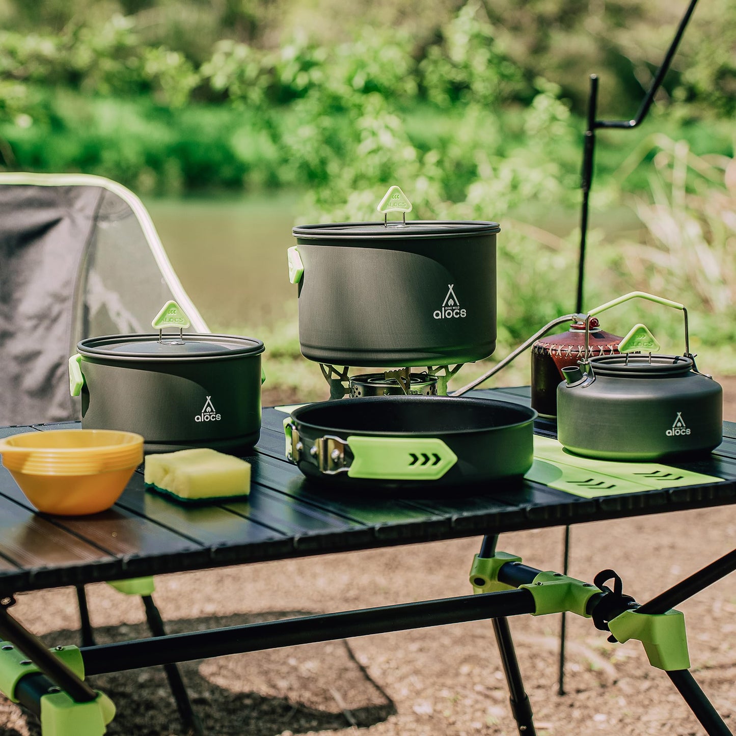 Alocs Camping Cookware, Non-Stick Large Camping Cooking Set with Kettle, Camp Kitchen Camper Must Haves for Outdoor Camping Hiking Picnic