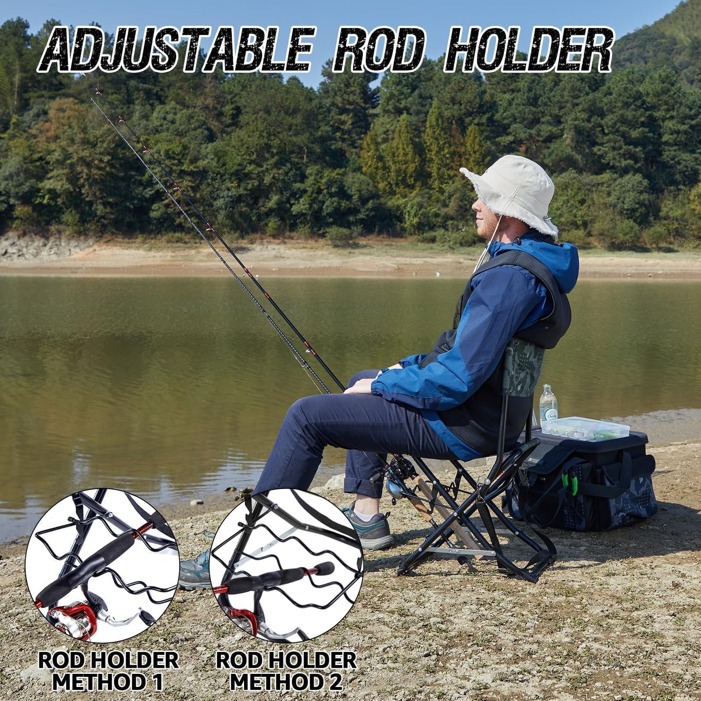 X Strike Fishing Chairs with Rod Holder Outdoor Folding Fishing Stool for Adults Portable Camping Chair for Ice Fishing, Camp, Lawn, Patio, Garden, 300LBS.