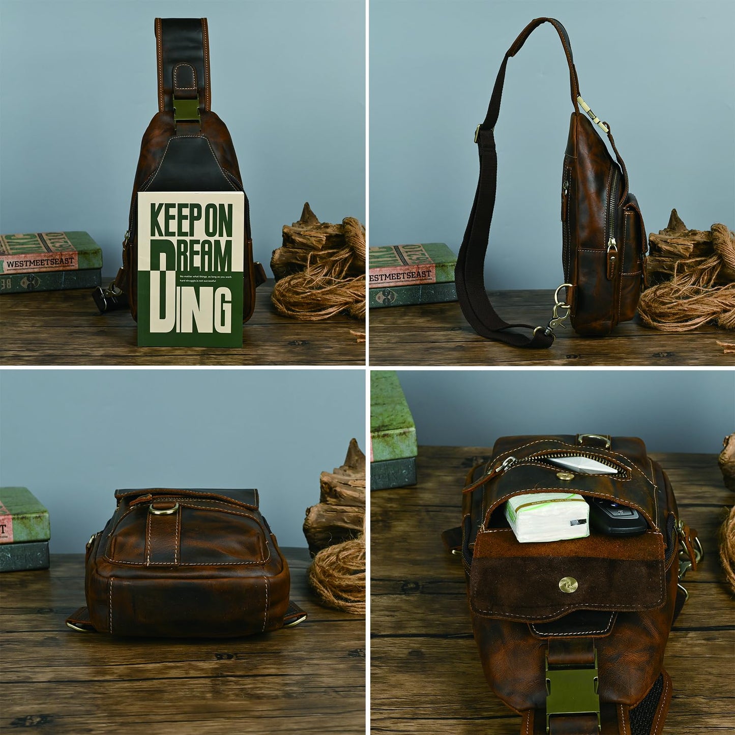 Handadsume Water Resistant Canvas + Leather Hiking Travel DayPack Sling Crossbody Triangle Chest Pack Bag For Men Women FB8013 (100% Genuine Leather-8015 Brown)