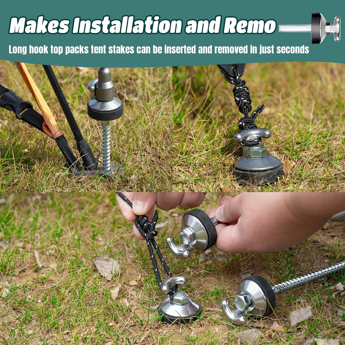 4 Pcs 10" Drillable Tent Stakes, Long Hook Top Packs Tent Stakes, Heavy Duty Hardened Steel Ground Pegs for Grassland Garden Tents Canopies Awnings Camping Travel (Hex Tool and Storage Bag)