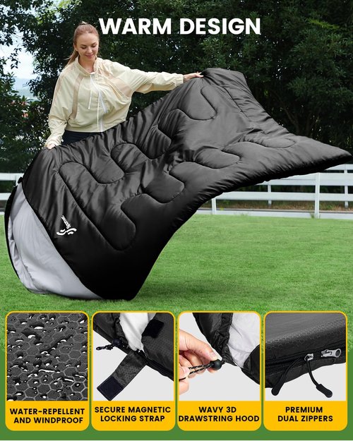Sportneer Double Sleeping Bag: Queen Size 2 Person All Season for Warm & Cold Weather Camping Sleeping Bag with 2 Pillows, Waterproof Lightweight Large Size 86.6'' x 59''