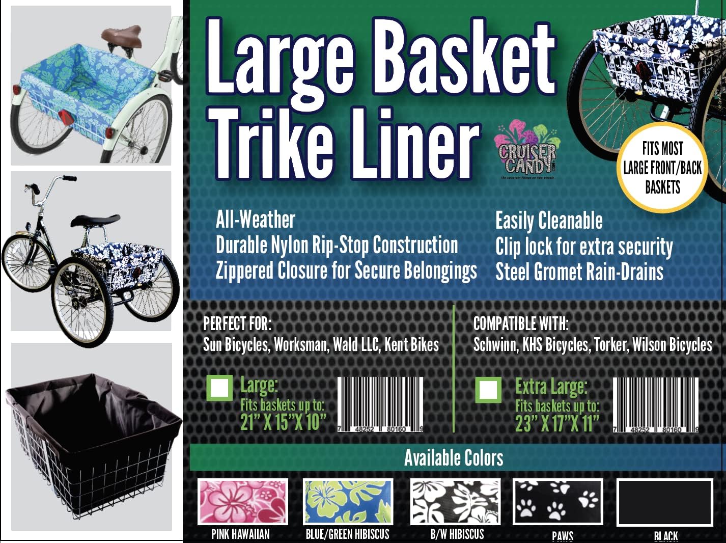 Adult Trike Bicycle Basket Liner, Large Bike Basket Liner, Extra Large Trike Only Rear Basket Liner