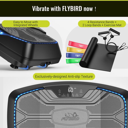 FLYBIRD 4D Vibration Plate 500 LBS Capacity - Oscillation, Linear, Pulsation Exercise Machine With Triple Motors for Lymphatic Drainage & Bone Density Building - Black