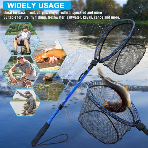 LBW Collapsible Fishing Net with Telescoping Handle, Folding Kayak Net for Freshwater or Saltwater, Trout Catfish Bass Rubber Landing Net