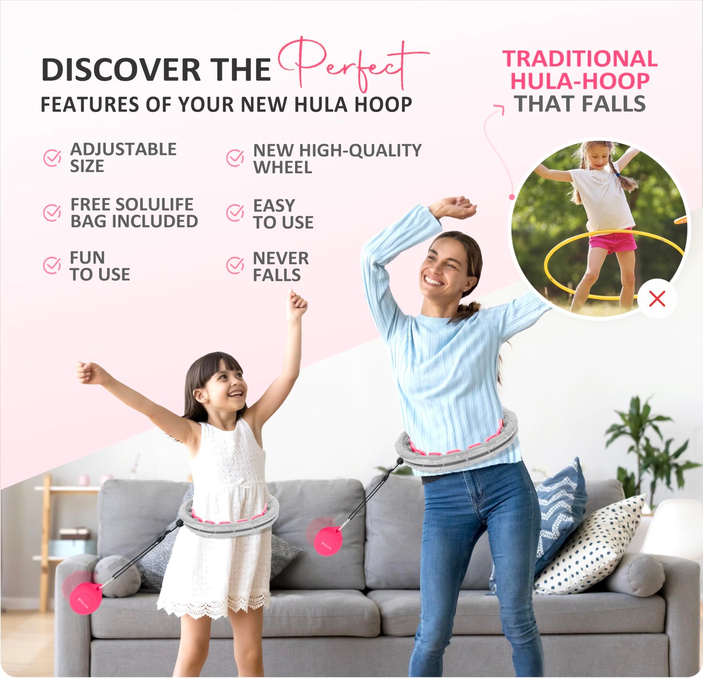 Experience Fitness Excellence with our Infinity Hoop plus Size – Weighted Hula Hoop for Weight Loss – hula hoop exercise ring with ABS and quality wheels – For all the sizes and levels (Gray and Pink)