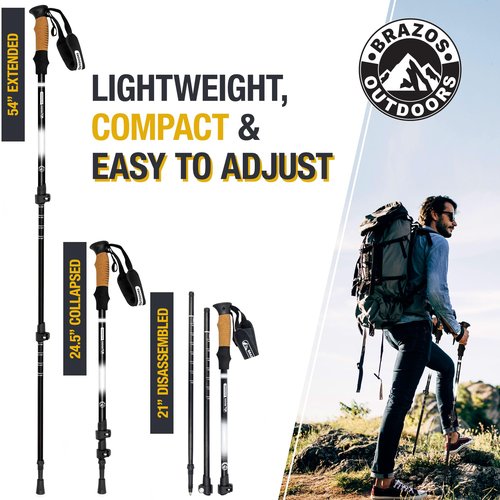 Brazos Trekking Poles for Hiking | Collapsible Walking Stick | 24" to 54" (Pair of 2) 9.7oz Ultra-Light Aluminum with Cork Grip | Hiking in All Terrains & Seasons