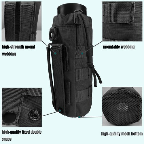YOWDUTY Tactical MOLLE Water Bottle Holder, Upgraded Water Bottle Pouch with Drawstring Open Top & Mesh Bottom, 16/24/25/32oz Water Bottle Carrier Bag with D-Ring Hook for Backpack(Black)