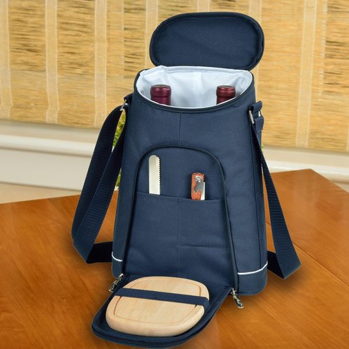 Insulated Wine Tote Bag with Cheese Board & Corkscrew - 2 Bottle Capacity, Olive Tweed