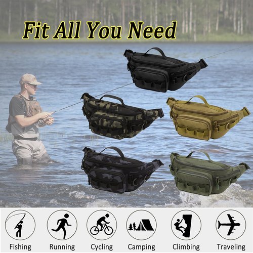 Tactical Fanny Pack,Small Fishing Tackle Bag Water-Resistant Military Waist Bags Portable Fishing Storage Waist Packs for Outdoor Fly Fishing Hiking Climbing with 2 PCS Mini Carabiners (Black)