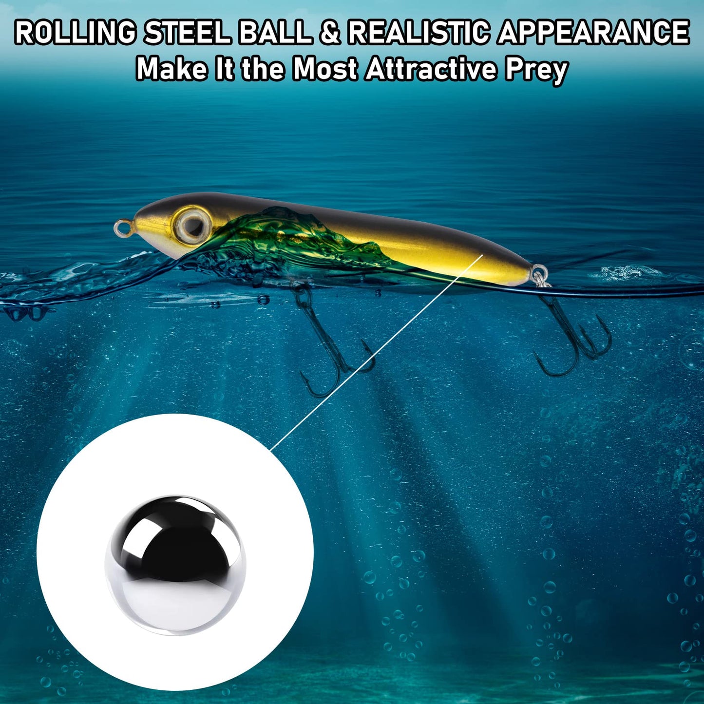 Alwonder Topwater Fishing Lures Kit for Saltwater and Freshwater, Bass Fishing Lures Treble Hooks Hard Baits, Walk-The-Dog Lure Set for Pike, Striper, Speckled Trout