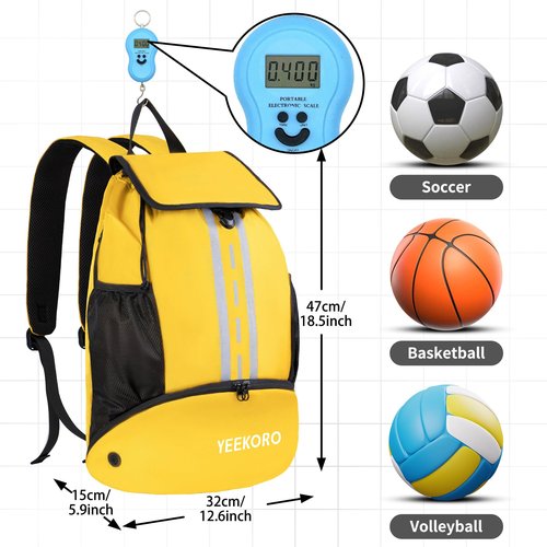 YEEKORO Soccer Backpack Multifunctional Sport Gym Bags Lightweight Soccer Bag with Shoe Compartment for Football Basketball Volleyball（Basic Model，Yellow）