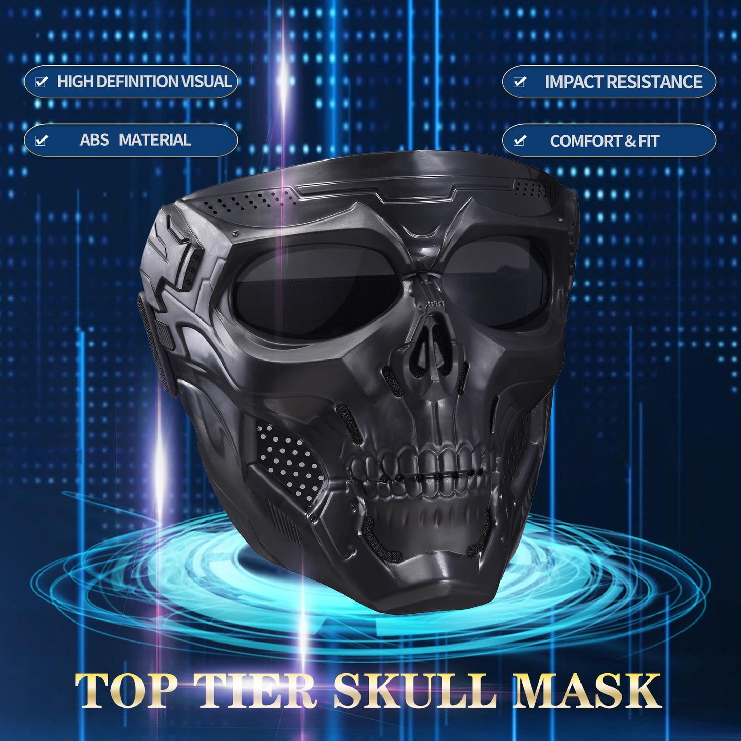 Airsoft Paintball Skull Mask Tactical Full Face Cyberpunk Scary Mask with Balaclava Headgear for CS Halloween Shooting Cosplay Costume Movie Props Survival Games (Black)