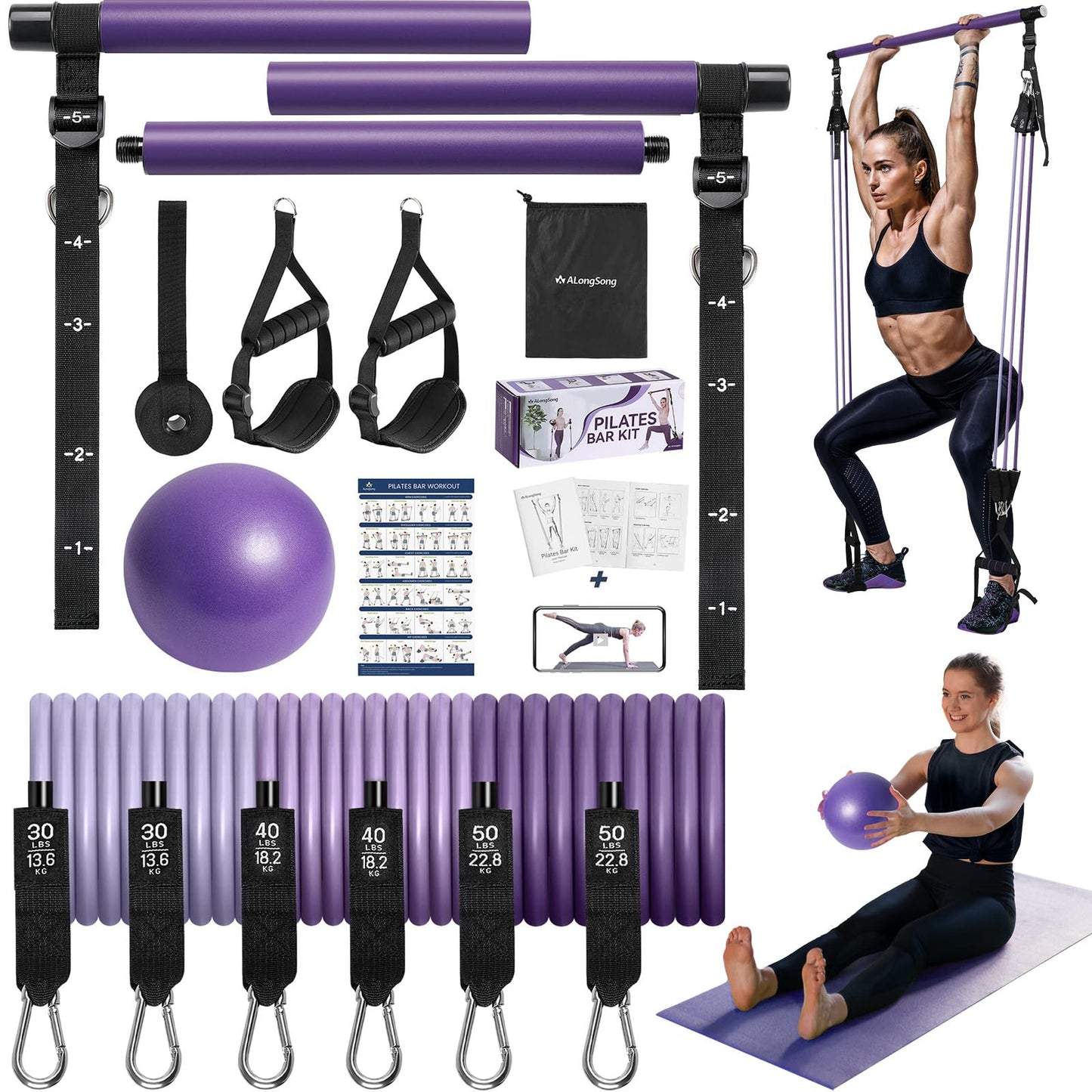 ALongSong Upgraded Pilates Bar Kit with Heavy Resistance Bands 30/40/50lbs with Yoga Ball for Home Gym Workout Exercise Pilates Equipment Strengthen Muscles Flexibility Body Shaping