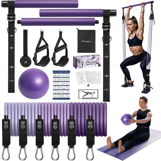 ALongSong Upgraded Pilates Bar Kit with Heavy Resistance Bands 30/40/50lbs with Yoga Ball for Home Gym Workout Exercise Pilates Equipment Strengthen Muscles Flexibility Body Shaping