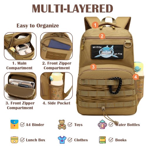 SunForMorning Kids Tactical Backpack Army Molle Bookbag Military Boys Backpack for School, Outdoor, Travel, Camping, Brown