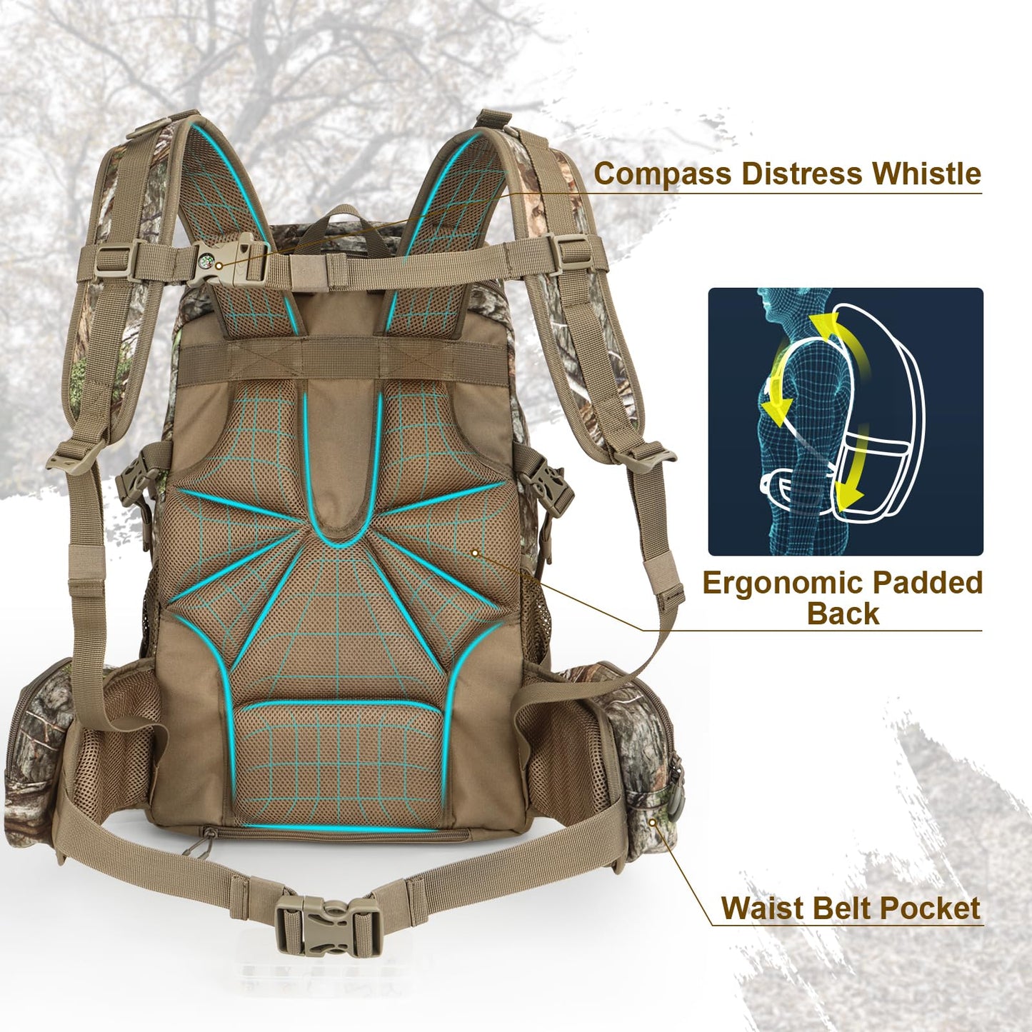 MoiShow Hunting Backpack, Outdoor Hunting Pack with Rifle Holder, Hunting Backpacks for Men, Hunting Bag with Waterproof Rain Cover
