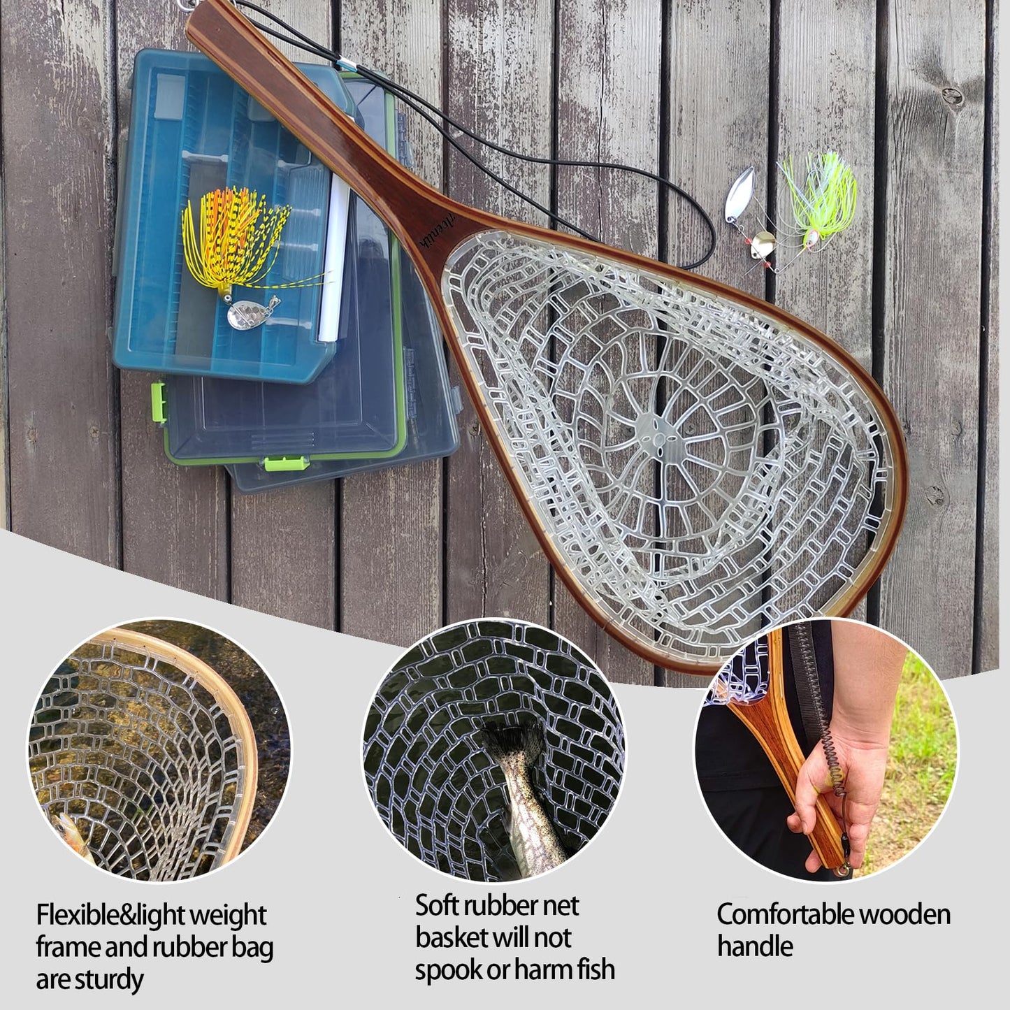 Aventik Fly Fishing Net Trout Landing Wooden Nets Rubber Ghost Net Catch & Release(HWRN05)