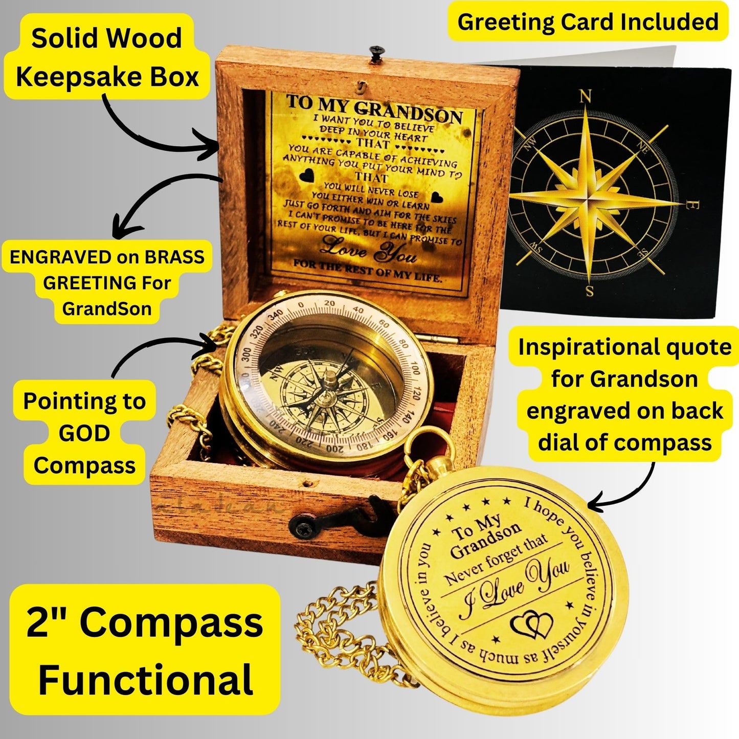 ALADEAN Brass Grandson's Divine Path Finder Compass - Engraved Quote, Wood Box, Uplifting Gift