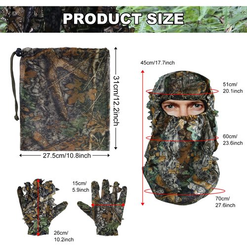 PELLOR Ghillie Suit, 3D Leafy Suit for Hunting Including Hunting Clothes, Hunting Gloves, Leafy Face Mask and Camo Bag for Jungle Shooting Airsoft Woodland Photography or Halloween