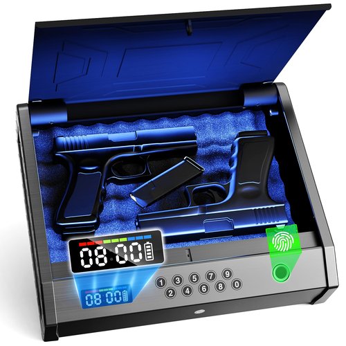 HOLEWOR Gun Safe, Biometric Pistol Safe with LCD Display of Time Battery, Handgun Safe Fingerprint Quick Access Portable Gun Safes for Bedside Nightstand Car