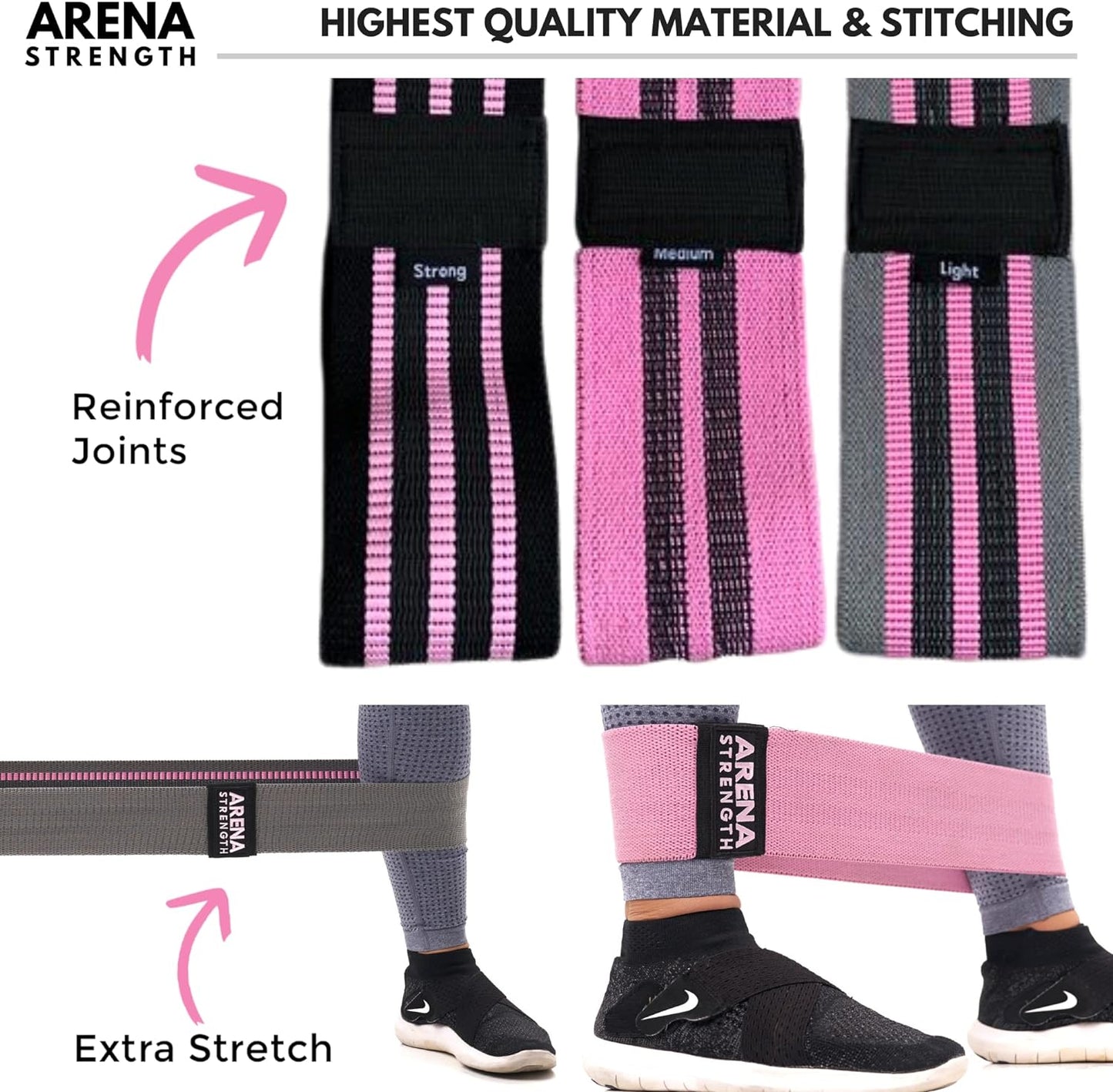 Arena Strength Fabric Booty Bands - Fabric Exercise Bands for Legs and Butt | Fabric Resistance Bands | Hip Resistance Bands with Workout Guide and Carry Case