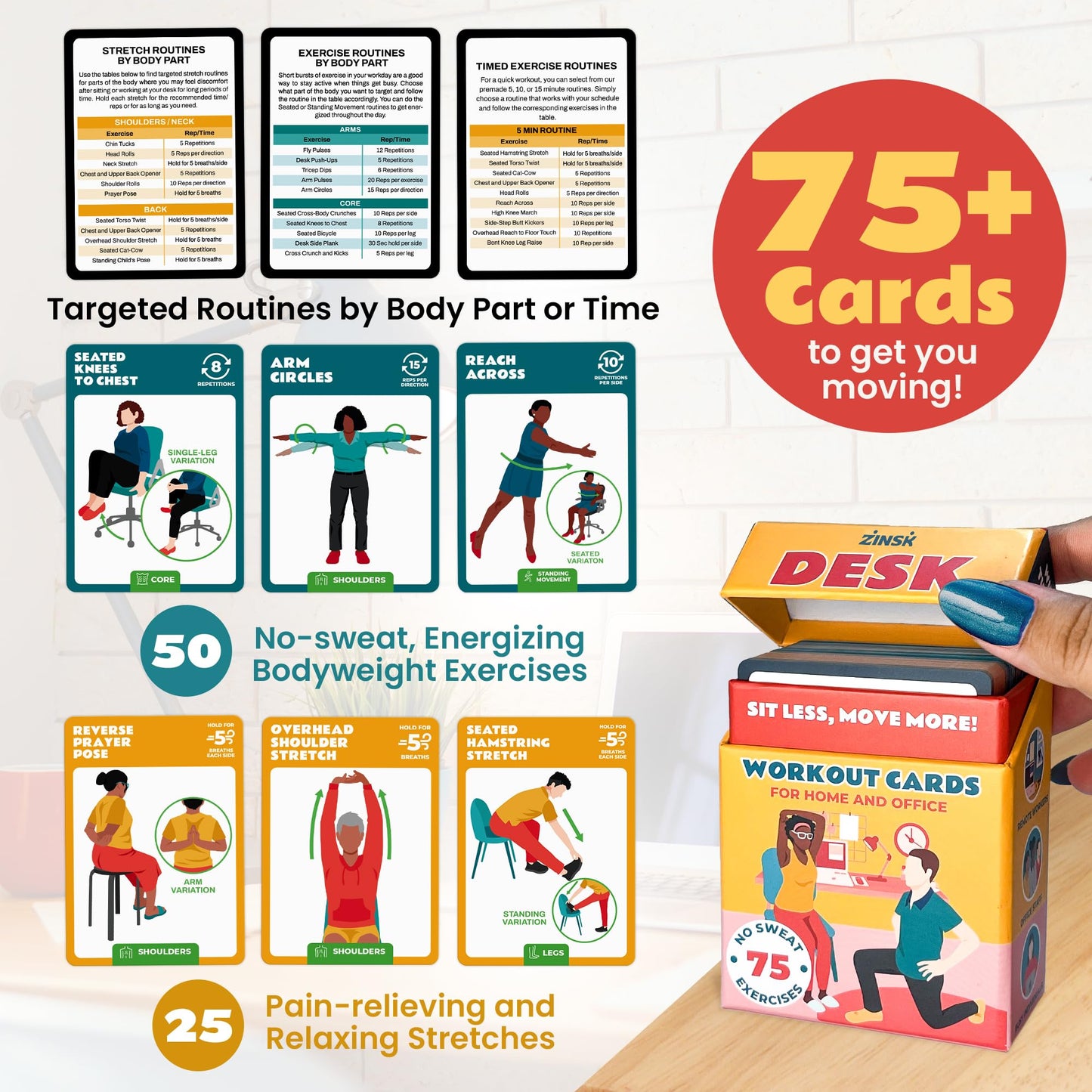 75 Desk Workout Cards – Move More at Work with 50 Easy Bodyweight Exercises & 25 Stretches – Compact 3.5" x 2.5” Exercise Cards for Home or Office - No Equipment Needed and Beginner Friendly