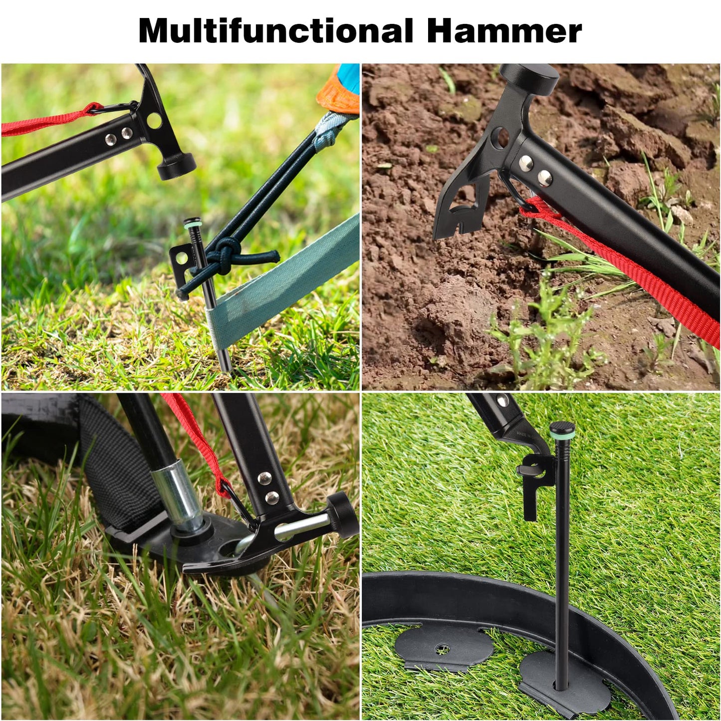 Tent Stakes Heavy Duty & Hammer Set,with 12in Tent Stake Remover +10 in Steel Tent Pegs+Storage Bag +Fluorescent Rubber Circle for Camping Used on Rocks, Grassland,Canopies (10"- 4pack & 12" Hammer)