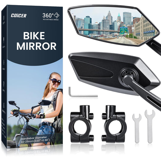 2pcs Bike Mirror Handlebar Mount 360° Adjustable, Wide Rear View Mirror Bicycle Mirrors for Handlebars with Scratch Resistant Glass, Bike Rear View Mirror for Scooter, Motorcycle, Bike Accessory
