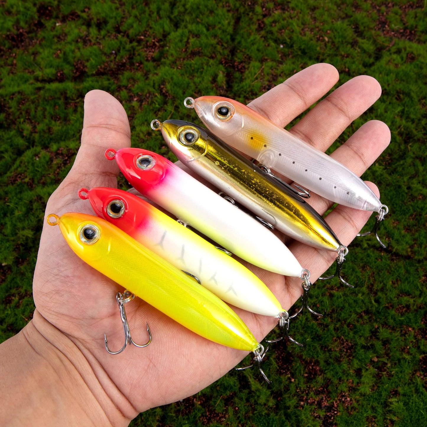 Alwonder Topwater Fishing Lures Kit for Saltwater and Freshwater, Bass Fishing Lures Treble Hooks Hard Baits, Walk-The-Dog Lure Set for Pike, Striper, Speckled Trout