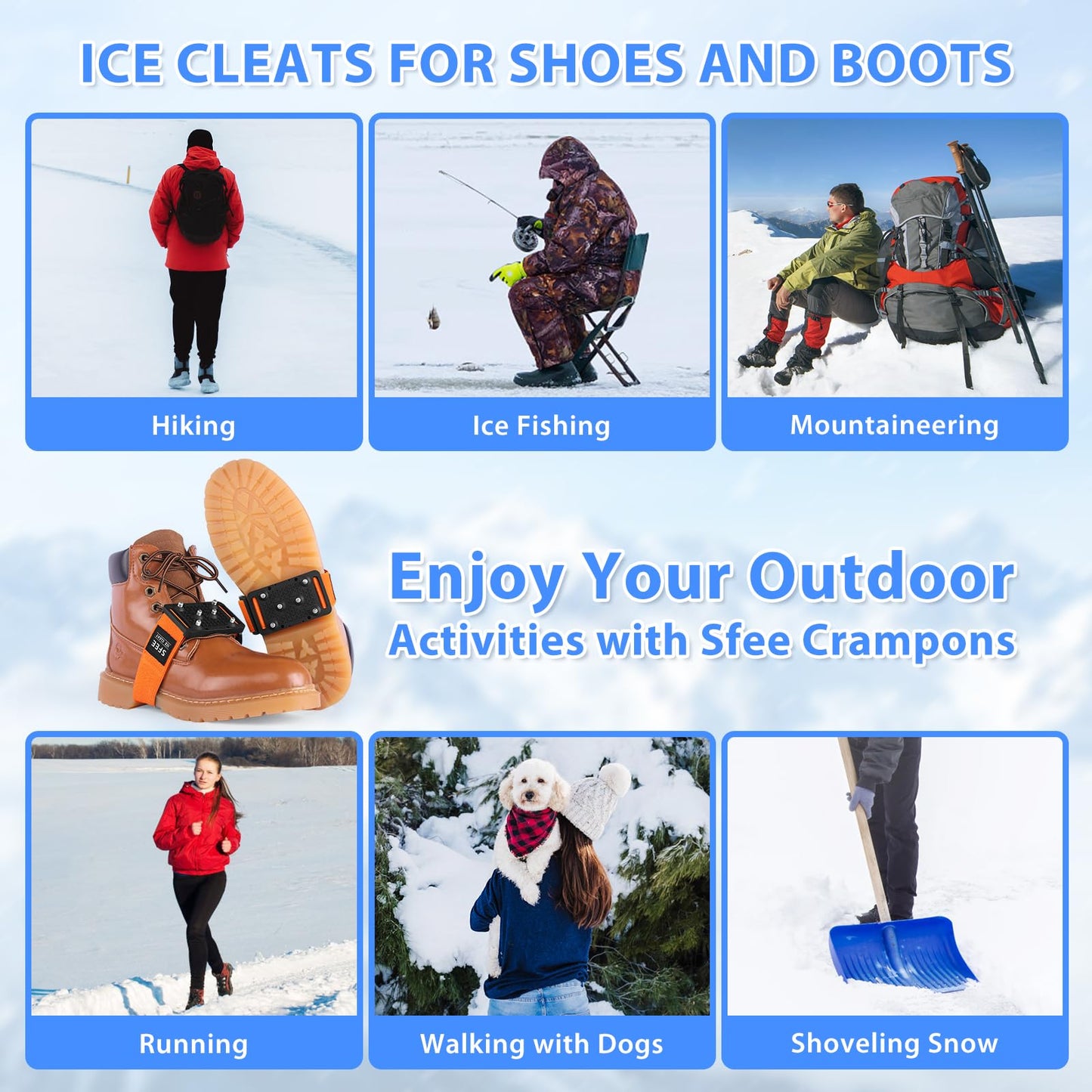 Sfee Ice Cleats Crampons, Easily Rotate Ice Grippers Ice Cleats for Shoes and Boots with Tungsten Studs Shoe Spikes Traction Cleats for Snow and Ice with Adjustable Straps for Frequent Indoor/Outdoor