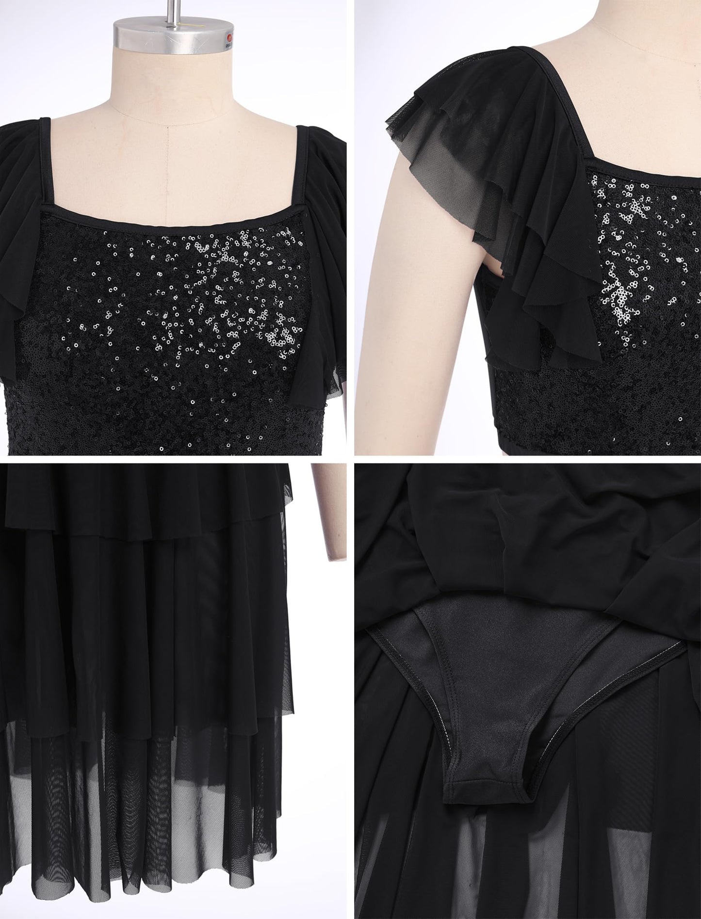 Lyrical Dance Dress for Women Ruffle Sleeve Square Neck Sparkly Sequins Crop Top Tiered Chiffon Midi Skirt Teen Girl Contemporary Dance Outfits Ballerina Dance Dress Black S