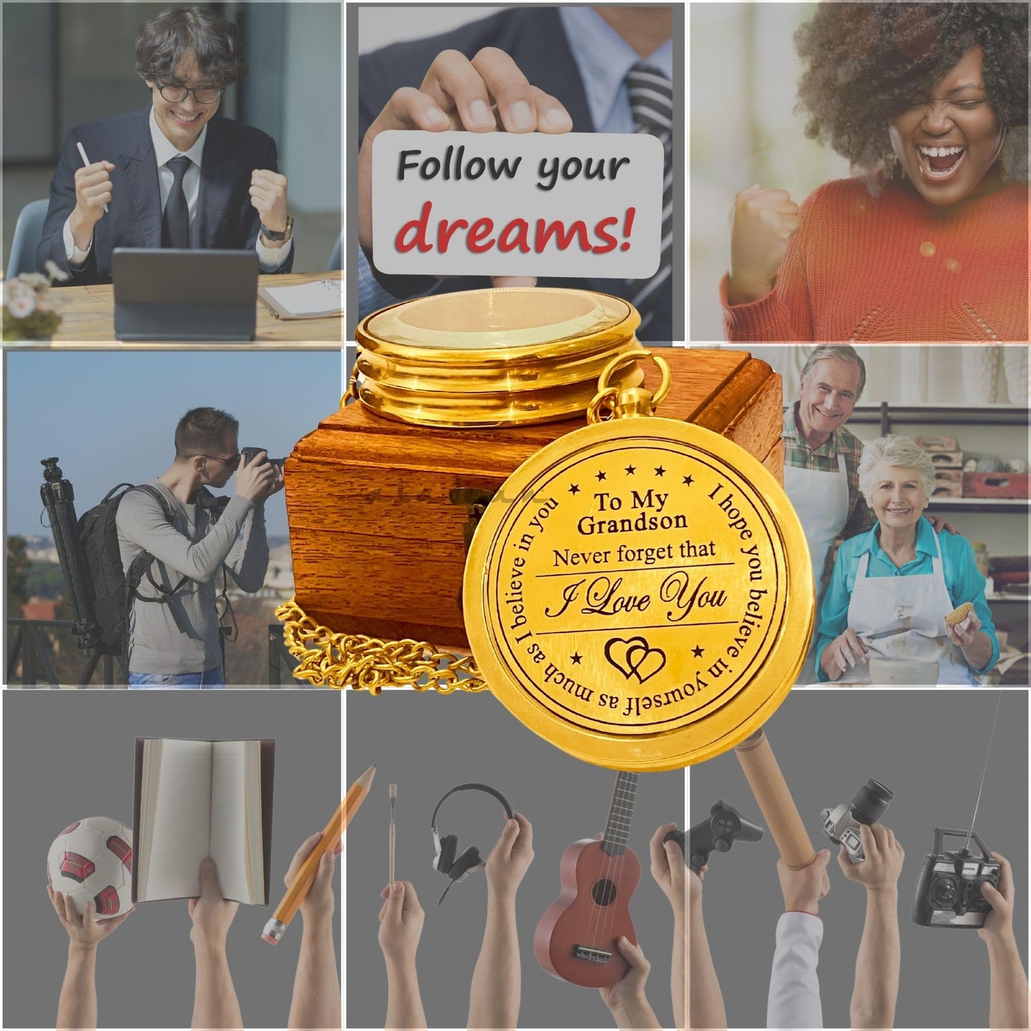 ALADEAN Brass Grandson's Divine Path Finder Compass - Engraved Quote, Wood Box, Uplifting Gift