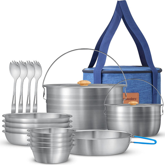 17-Piece Stainless Steel Camping Cookware & Dinnerware Set - Pots, Pans, Plates & Sporks in Travel Bag for Outdoor Adventures