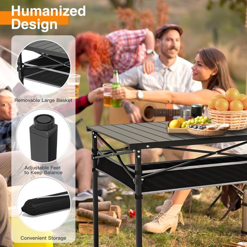 RELAX FIELD Folding Camping Table, Aluminum Roll-up Table with Storage Net and Carrying Bag, Outdoor Lightweight Camp Table for Picnic, Camping, Beach,Backyard, BBQ, Party, Patio