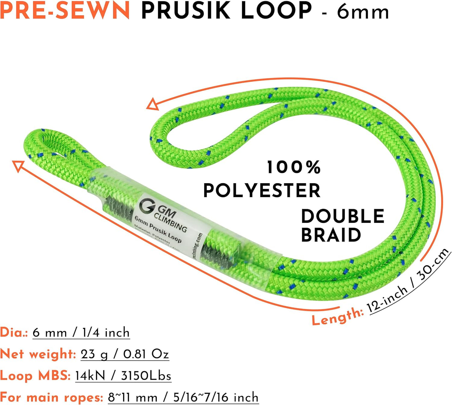 GM CLIMBING 6mm Prusik Cord Pre-Sewn 12in Prusik Loop for Climbing Arborist Rescue Mountaineering General Outdoor Use