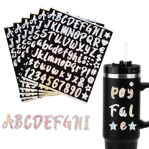 6pcs Name Sticker for Stanley Cup, Waterproof Vinyl Letter Stickers Personalized Alphabet Numbers Decal for Tumblers Water Bottle Lettering Symbols Tags Logo for 30oz 40oz Cup Lid Adults Kids