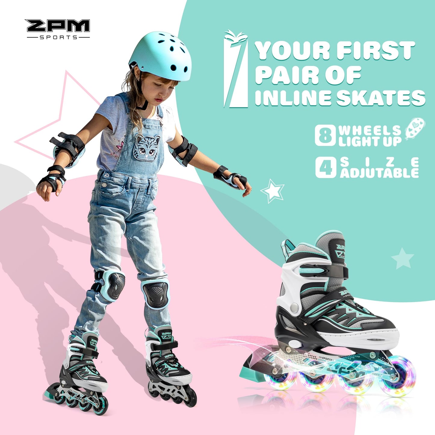 2PM SPORTS Cytia Pink Girls Adjustable Illuminating Inline Skates with Light up Wheels, Fun Flashing Beginner Roller Skates for Kids (Mint, Large - Youth (3-6 US))