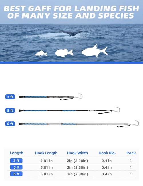 BLUEWING 5ft Heavy Duty Fiberglass Fishing Gaff with Stainless Steel Hook for Tuna Shark Marlin Big Game Saltwater Fish