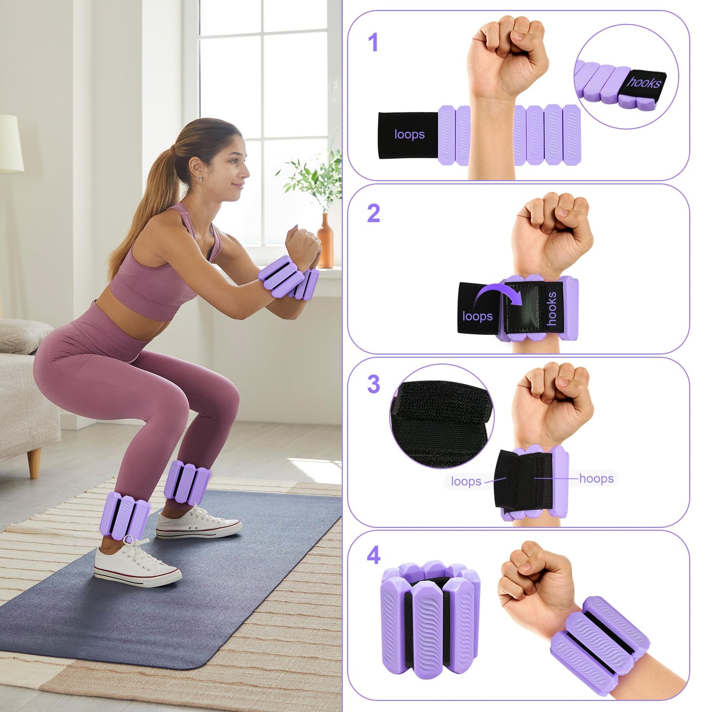 Adjustable Ankle and Wrist Weights for Women, 1 Lb Each, Set of 2, for Walking, Yoga, Dance, Gym (purple)