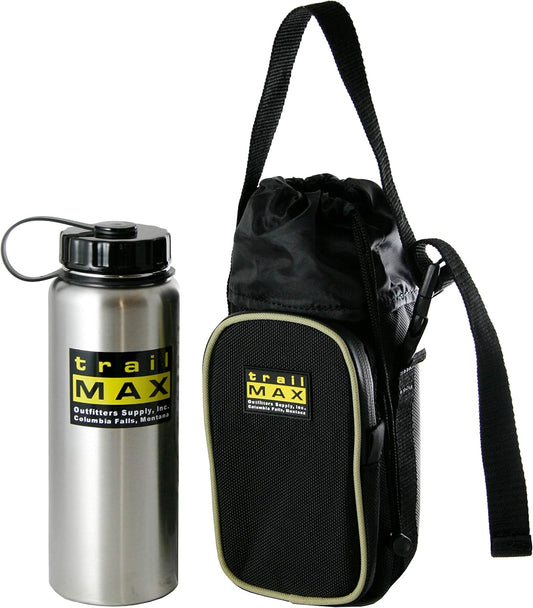 TrailMax 500 Series Water Bottle Horse Saddle Bag; Insulated & Padded Drink Holder; Western & endurance Saddle Water Carrier; Saddlebag w/ 1 Liter Stainless Steel Water Bottle; Black & Sand